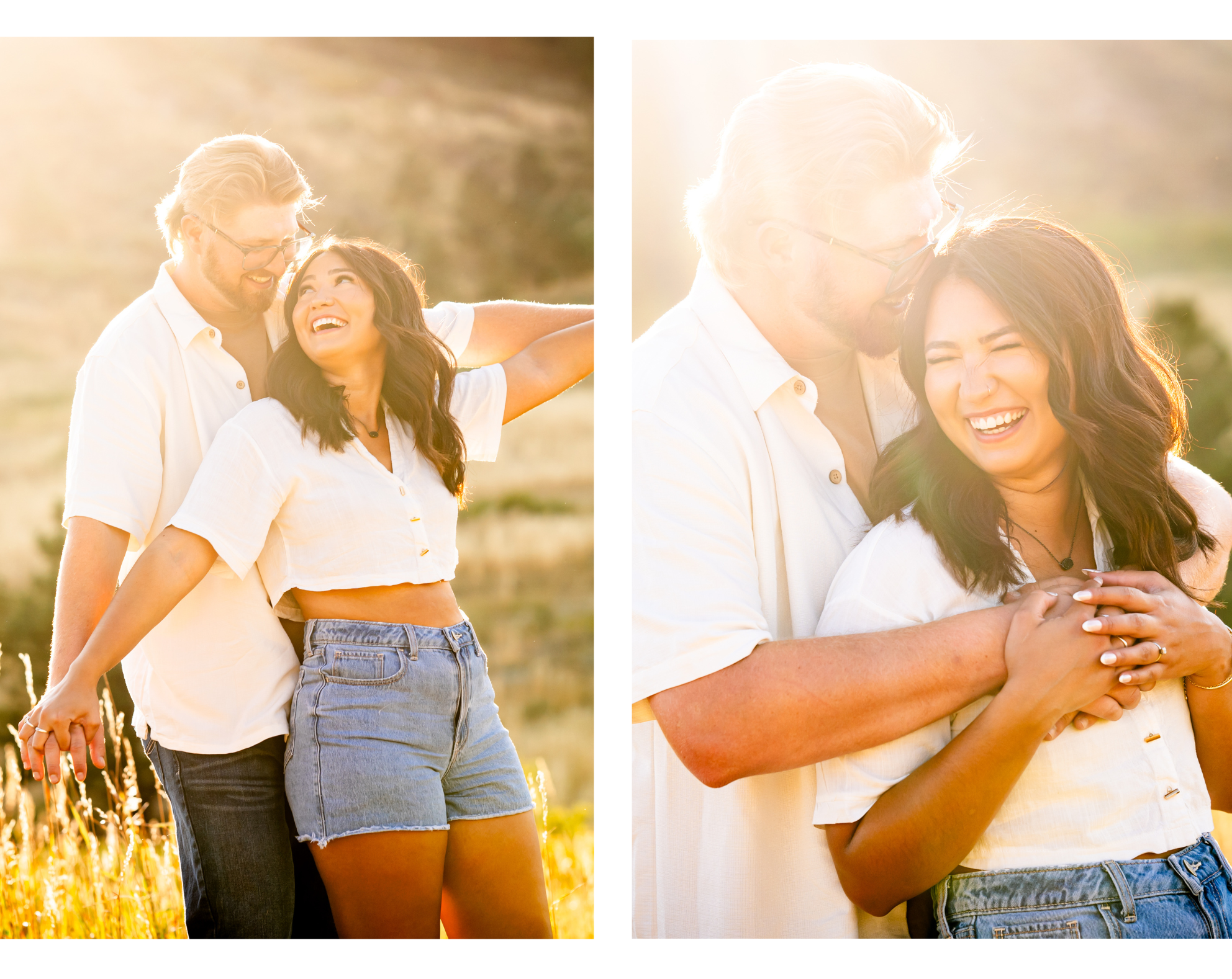 Couple poses for golden hour photos in a grassy field