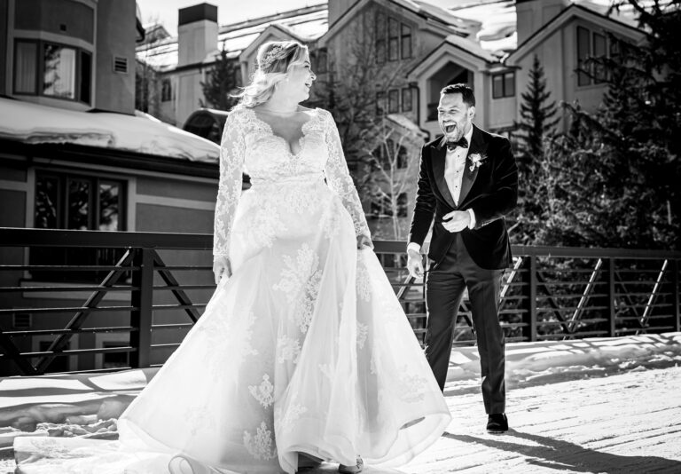 Newlyweds share a first look during their wedding at Donovan Pavilion in Vail, Colorado