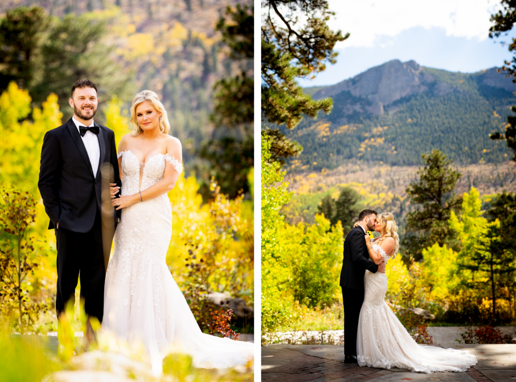 A bride and groom stand in front of yellow aspens during their fall wedding at Della Terra Mountain Chateau