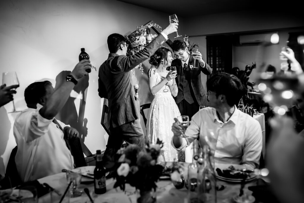 Bride & groom toast during their reception at Wild Basin Lodge in Allenspark, CO